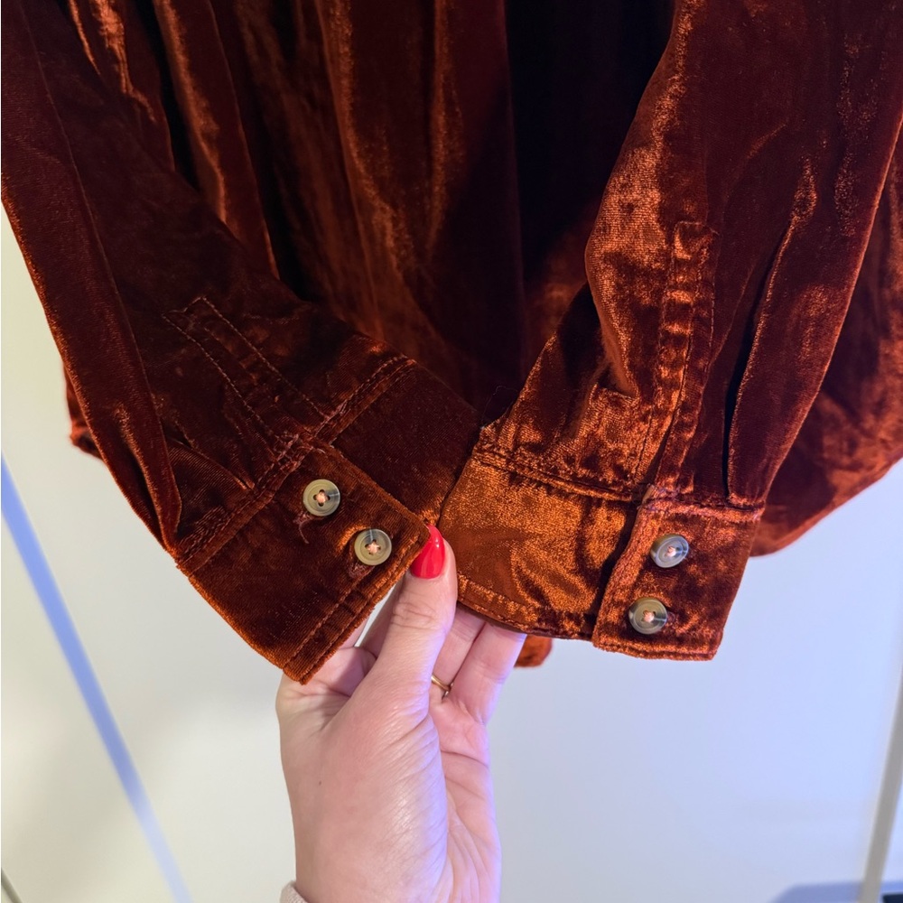 Anthropologie Pilcro Hadley Relaxed Velvet Button-Down Top Burnt Orange, size M - Picture 6 of 9